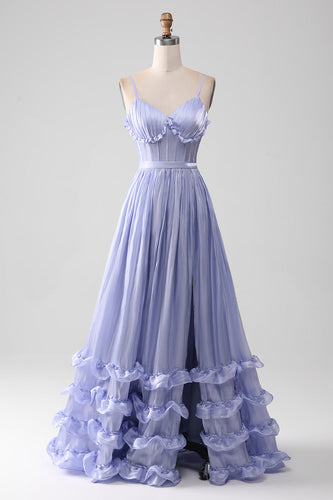 Lavender Spaghetti Straps A Line Ruffles Prom Dress with Slit