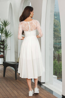 High Low White Graduation Dress with Lace Sleeves