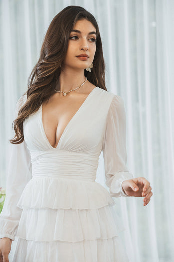 Long Sleeves White Tiered Graduation Dress