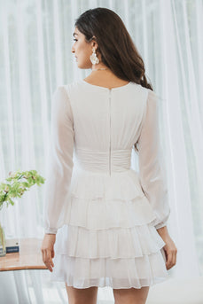 Long Sleeves White Tiered Graduation Dress