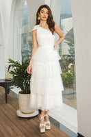 Load image into Gallery viewer, One Shoulder Tiered White Midi Graduation Dress with Bow