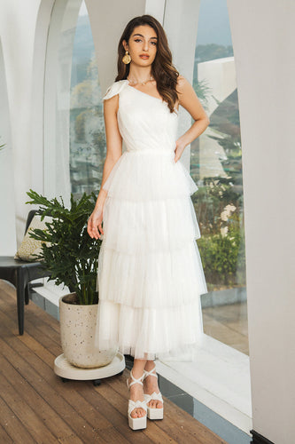 One Shoulder Tiered White Midi Graduation Dress with Bow