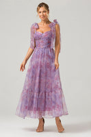 Load image into Gallery viewer, Purple A Line Pleated Printed Tea-Length Prom Dress