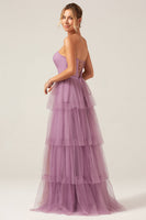 Load image into Gallery viewer, Detachable Straps A Line Purple Tiered Long Bridesmaid Dress