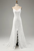 Load image into Gallery viewer, Ivory Mermaid Lace Spaghetti Straps Wedding Dress with Slit