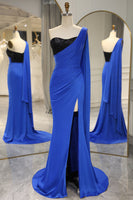 Load image into Gallery viewer, Mermaid Royal Blue One Shoulder Satin Prom Dress with Slit