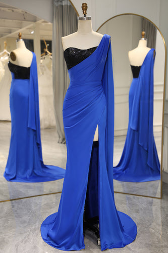 Mermaid Royal Blue One Shoulder Satin Prom Dress with Slit