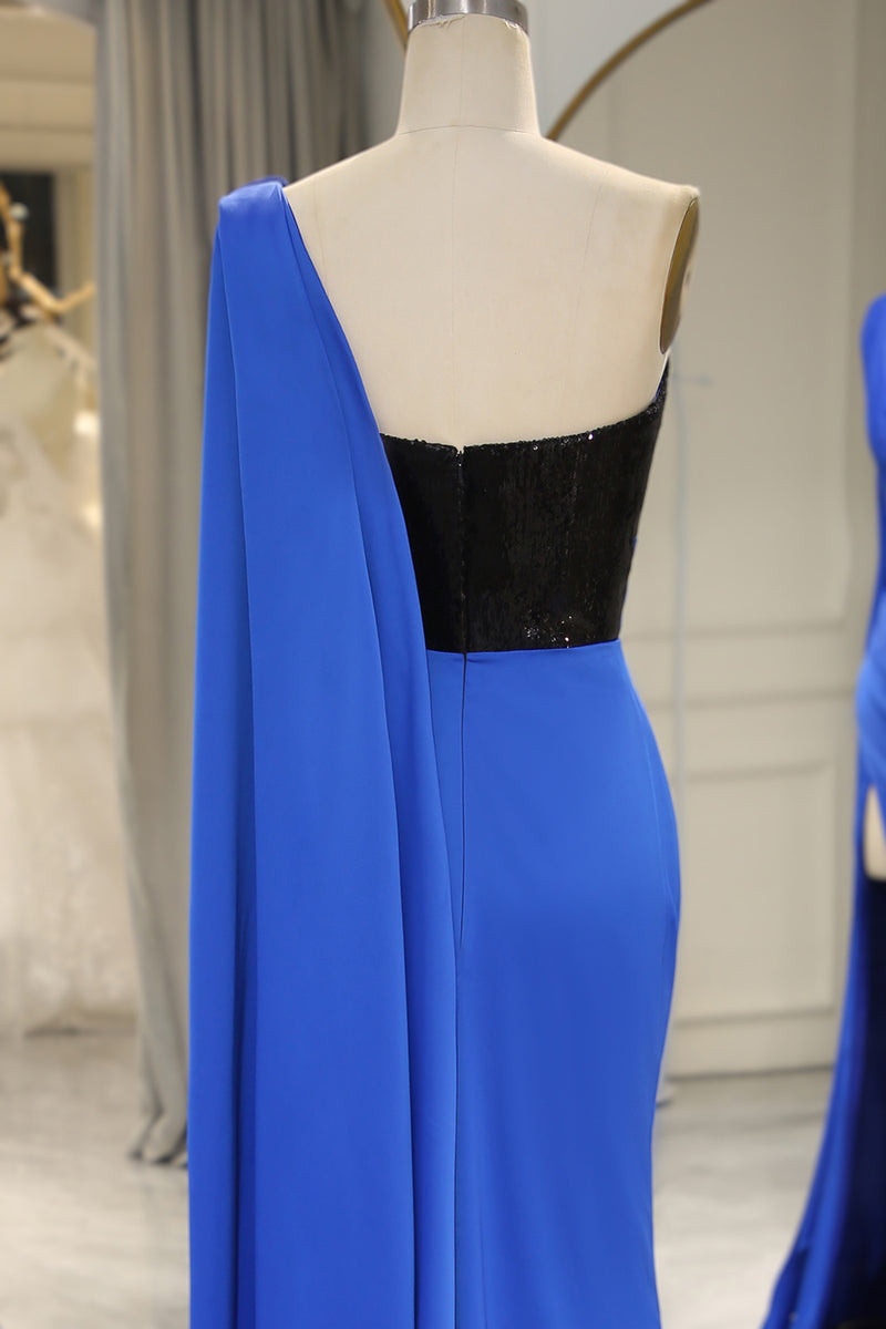 Load image into Gallery viewer, Mermaid Royal Blue One Shoulder Satin Prom Dress with Slit