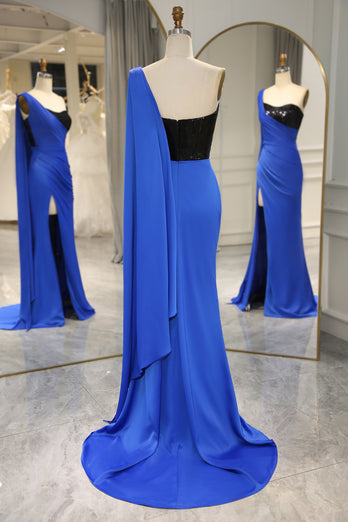 Mermaid Royal Blue One Shoulder Satin Prom Dress with Slit