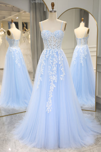 A-Line Sky Blue Tulle Spaghetti Straps Prom Dress with Appliques