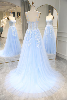 A-Line Sky Blue Tulle Spaghetti Straps Prom Dress with Appliques