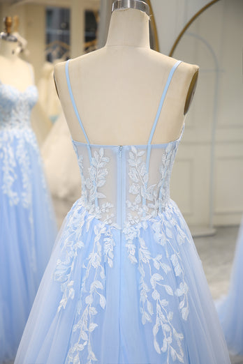 A-Line Sky Blue Tulle Spaghetti Straps Prom Dress with Appliques