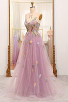 Load image into Gallery viewer, Mauve A-Line Spaghetti Straps Tulle Prom Dress with Appliques