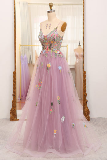 Mauve A-Line Spaghetti Straps Tulle Prom Dress with Appliques