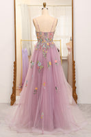 Load image into Gallery viewer, Mauve A-Line Spaghetti Straps Tulle Prom Dress with Appliques