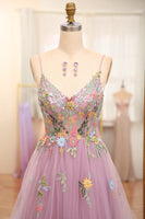 Load image into Gallery viewer, Mauve A-Line Spaghetti Straps Tulle Prom Dress with Appliques