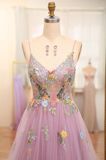 Mauve A-Line Spaghetti Straps Tulle Prom Dress with Appliques