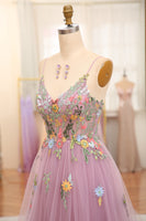 Load image into Gallery viewer, Mauve A-Line Spaghetti Straps Tulle Prom Dress with Appliques