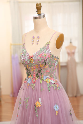 Mauve A-Line Spaghetti Straps Tulle Prom Dress with Appliques