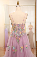 Load image into Gallery viewer, Mauve A-Line Spaghetti Straps Tulle Prom Dress with Appliques