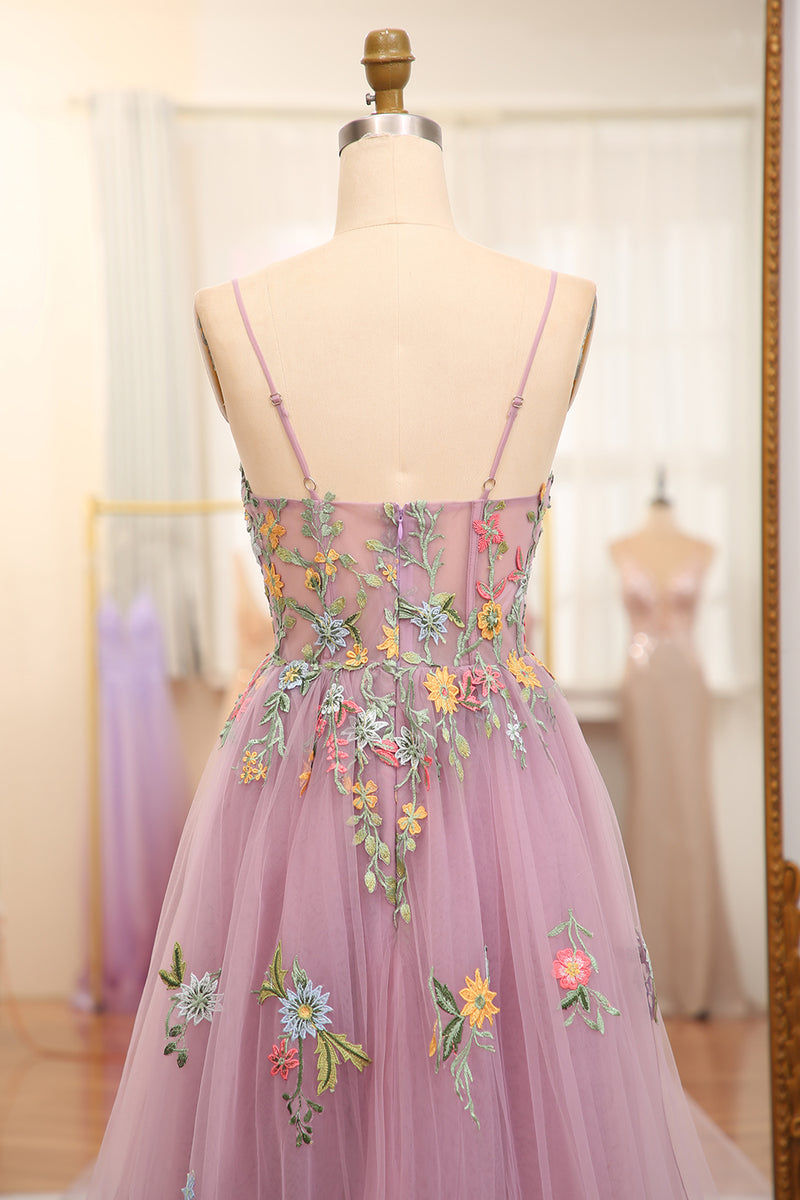 Load image into Gallery viewer, Mauve A-Line Spaghetti Straps Tulle Prom Dress with Appliques