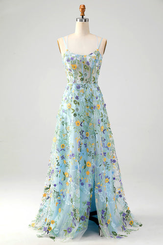 Blue Flower A Line Spaghetti Straps Corset Prom Dress with Slit