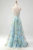 Load image into Gallery viewer, Blue Flower A Line Spaghetti Straps Corset Prom Dress with Slit