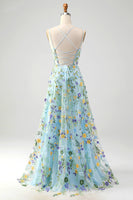 Load image into Gallery viewer, Blue Flower A Line Spaghetti Straps Corset Prom Dress with Slit