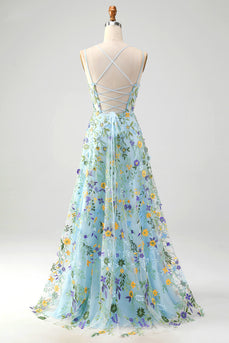 Blue Flower A Line Spaghetti Straps Corset Prom Dress with Slit