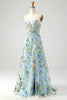 Load image into Gallery viewer, Blue Flower A Line Spaghetti Straps Corset Prom Dress with Slit