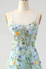 Load image into Gallery viewer, Blue Flower A Line Spaghetti Straps Corset Prom Dress with Slit
