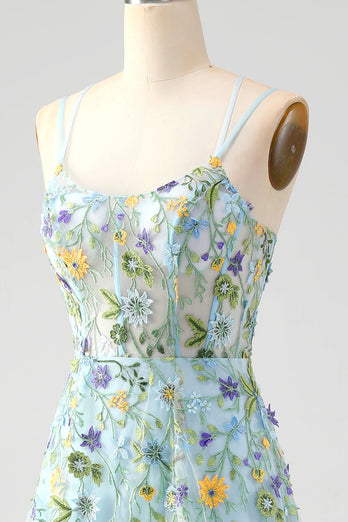Blue Flower A Line Spaghetti Straps Corset Prom Dress with Slit