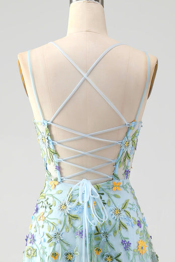 Blue Flower A Line Spaghetti Straps Corset Prom Dress with Slit