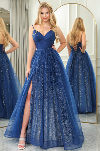 Glitter Navy A-line Spaghetti Strap Tulle Long Prom Dress with Slit