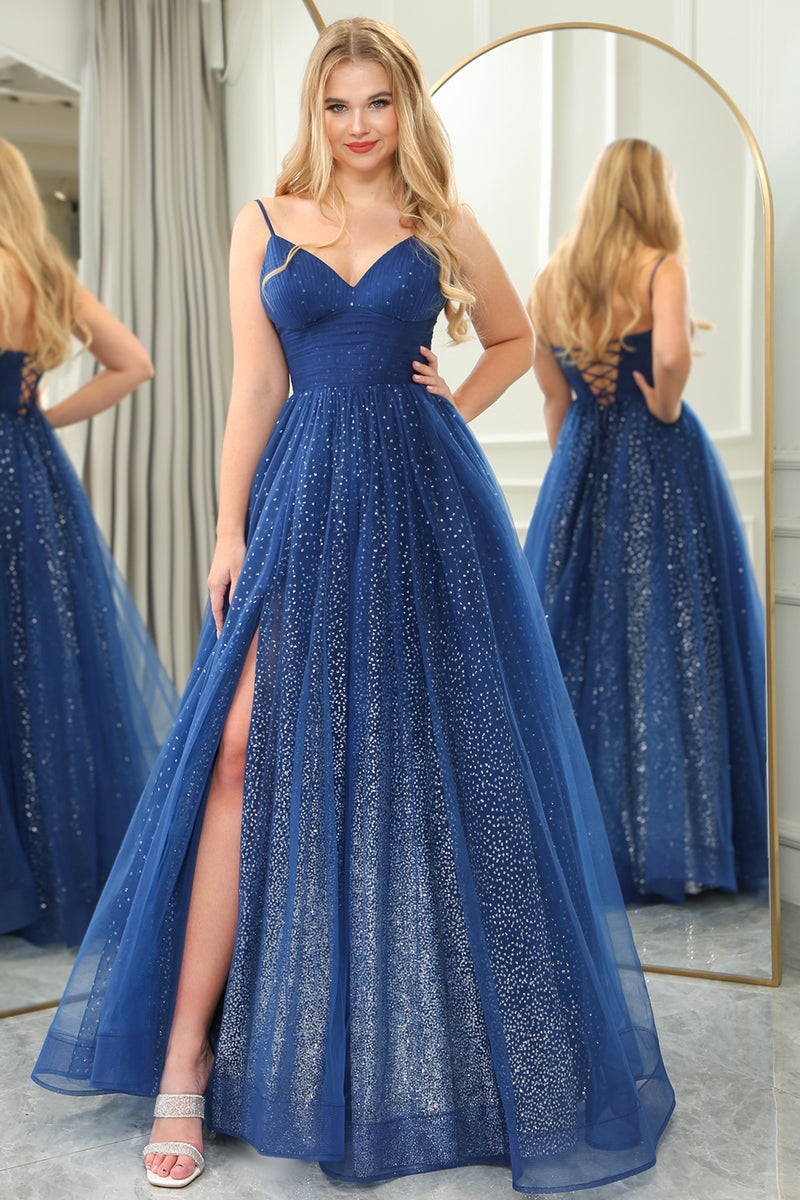 Load image into Gallery viewer, Glitter Navy A-line Spaghetti Strap Tulle Long Prom Dress with Slit