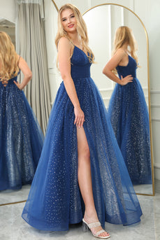 Glitter Navy A-line Spaghetti Strap Tulle Long Prom Dress with Slit