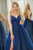 Load image into Gallery viewer, Glitter Navy A-line Spaghetti Strap Tulle Long Prom Dress with Slit