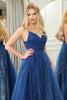 Load image into Gallery viewer, Glitter Navy A-line Spaghetti Strap Tulle Long Prom Dress with Slit