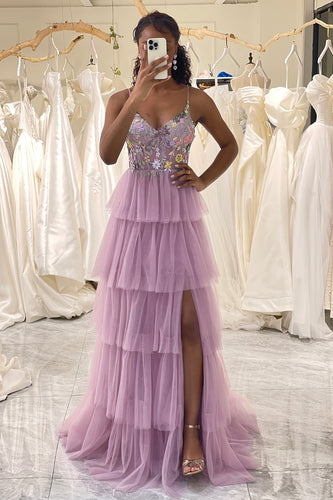 Mauve A-Line Spaghetti Straps Tulle Corset Prom Dress with Slit