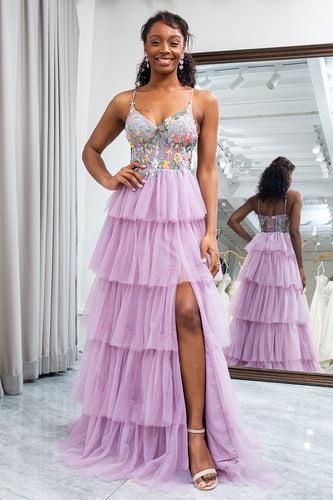 A-Line Mauve Spaghetti Straps Tulle Corset Prom Dress with Slit