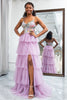 Load image into Gallery viewer, A-Line Mauve Spaghetti Straps Tulle Corset Prom Dress with Slit