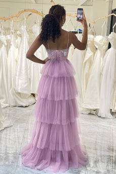 Mauve A-Line Spaghetti Straps Tulle Corset Prom Dress with Slit