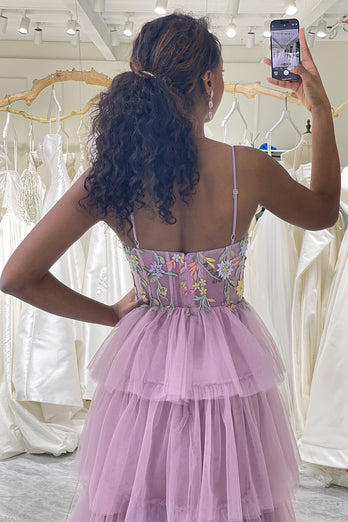 Mauve A-Line Spaghetti Straps Tulle Corset Prom Dress with Slit