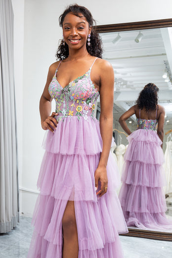A-Line Mauve Spaghetti Straps Tulle Corset Prom Dress with Slit