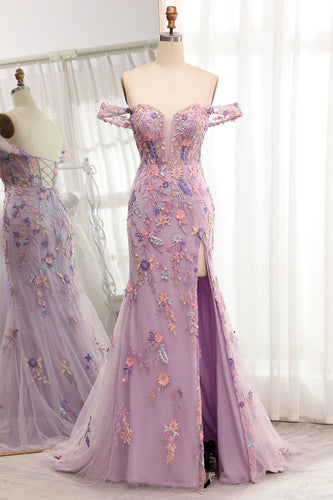 Purple Off the Shoulder Long Appliques Mermaid Prom Dress with Slit