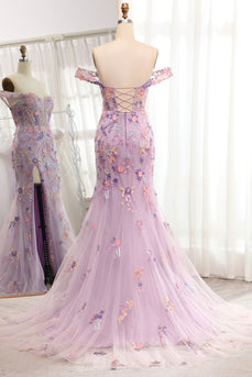 Purple Off the Shoulder Long Appliques Mermaid Prom Dress with Slit