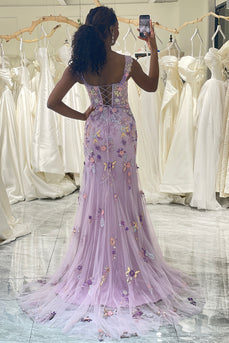 Mauve Mermaid Tulle Applique Corset Prom Dress with Slit