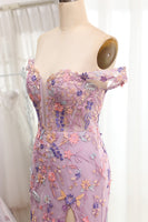 Load image into Gallery viewer, Purple Off the Shoulder Long Appliques Mermaid Prom Dress with Slit