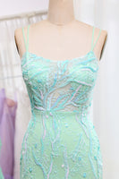 Load image into Gallery viewer, Green Mermaid Spaghetti Straps Sequins Long Prom Dress with Slit