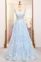 Load image into Gallery viewer, A-Line Sky Blue Spaghetti Straps Lace Corset Prom Dress